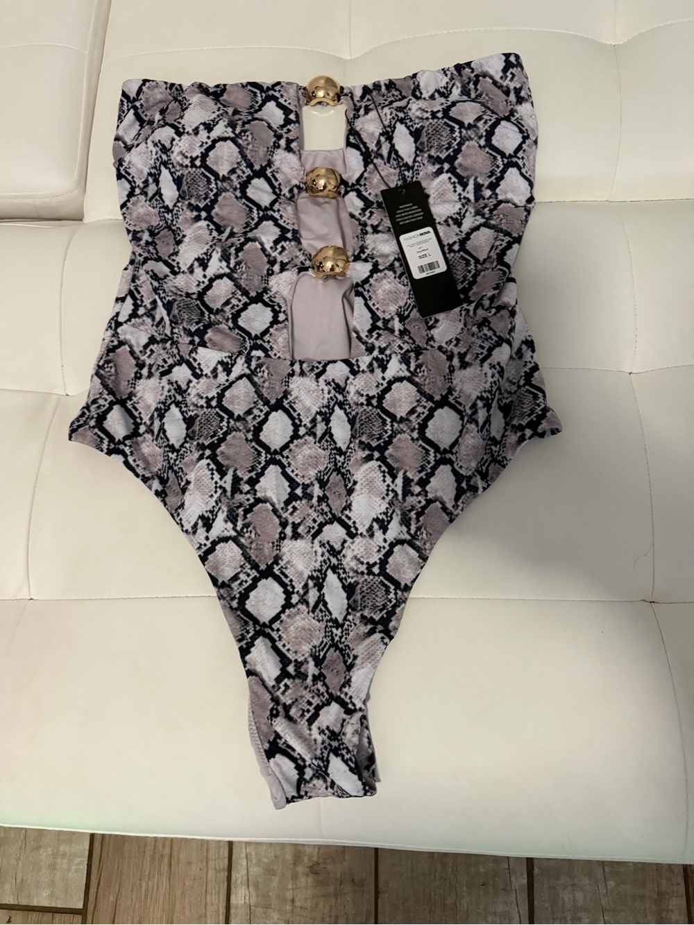 Fashion Nova Snake-Print Strapless Bikini in Gray and Black with Gold Accents